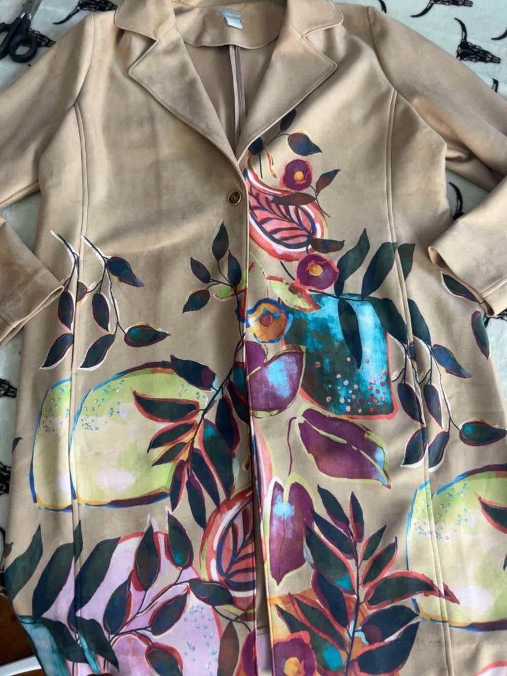 Chico’s Watercolor Floral Faux Suede Long Duster Coat Jacket Size 3 (XL)